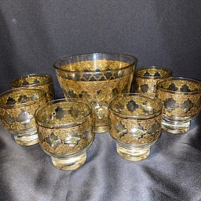 VTG Culver Valencia Ice Bucket 6 Cocktail Glasses MCM 22K Gold Green Diamond