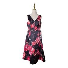 Terri Jon Floral Fit & Flare Dress Size 10 Black Red Sleeveless Belted NWT