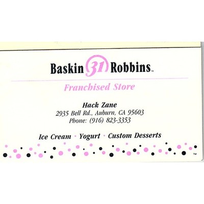Baskin Robbins Hack Zane Auburn CA Vintage Business Card SD9-B14