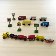 Mix 15 Piece Wooden Toy Train Vehicle Set Traffic Signs Train Connects w Magnets