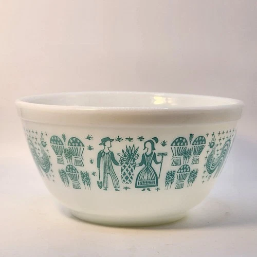 Vintage Pyrex Butterprint Amish Mixing Bowl White Turquoise Farm Scene USA #402