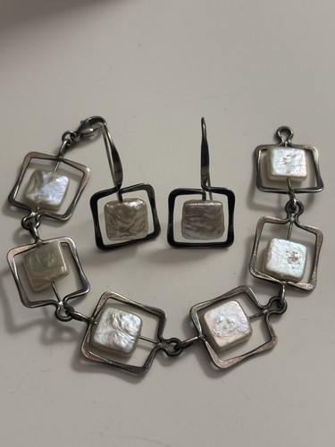Sterling Silber Handwerk Geometrisch Modernist Quadrat Glieder Perlen Armband Ohrringe - Bild 1 von 4