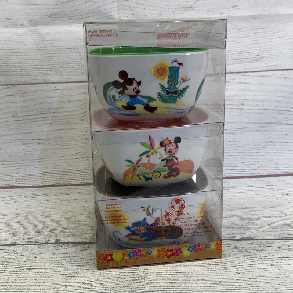 RARO! Disney Store Tiki Kingdom Bowl Set De 3 con Mickey Minnie Stitch Foto 3 de 4