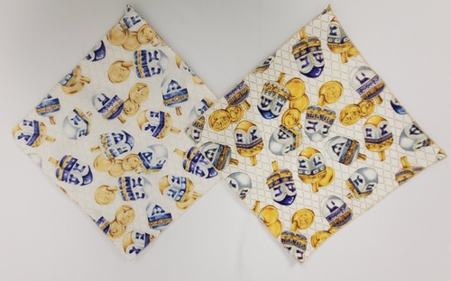 Hanukkah Cloth Napkins Dreidel & Coins  8.5" x 8.5" Set of 12 Blue Gold Cream