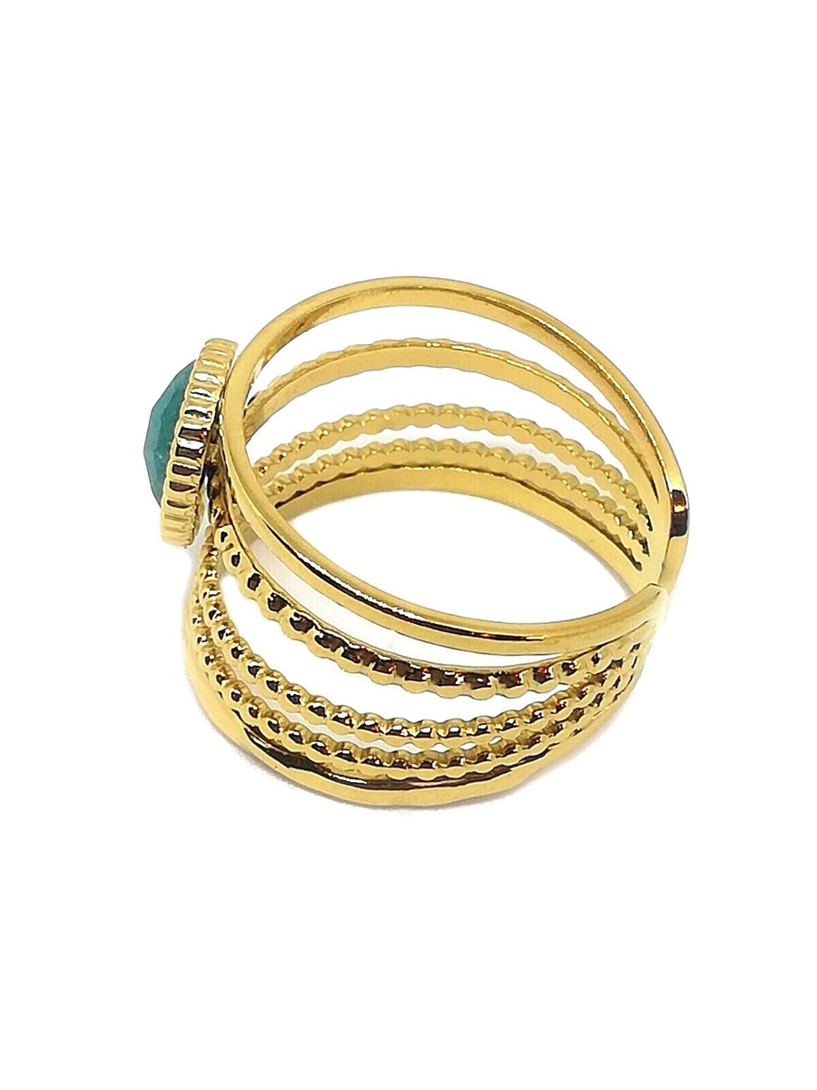 Bague Femme Ajustable En Amazonite Et Acier Doré - Modèle V3, Neuf Avec étiquettes