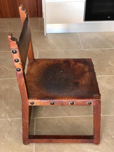 GENUINE Spanish Walnut & Leather Safari Renaissance Chairs Vintage Circa 1930-50 - Picture 15 of 15