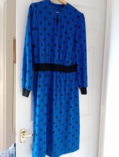 Vintage Dress Royal Blue With Black Dots Made In Uk, Good Clean Condition