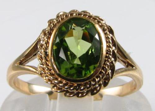 BAGUE PERIDOT SOLITAIRE EN OR 9K 8 mm x 6 mm ART DECO INS REDIMENSIONNEMENT LIBRE - Photo 1 sur 6