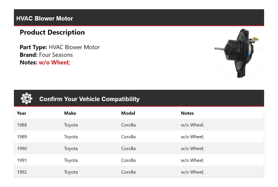 适用于 1988 - 1992 年丰田卡罗拉暖通空调鼓风机电机 4 季 1989 1990 1991 — 第 2/4 张图片