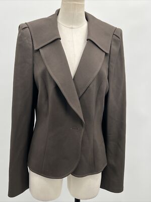ESCADA Vintage Elegant Padded Shoulder V Neck Olive Wool Blend Blazer Size 42/10