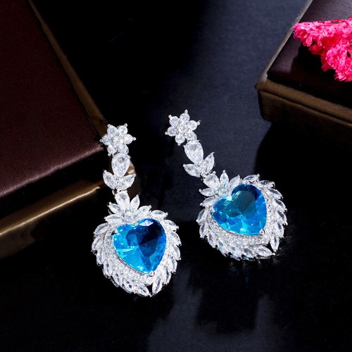 Women Heart Crystal Zircon Drop Dangle Earrings Wedding Jewelry Statement Party - Picture 15 of 19