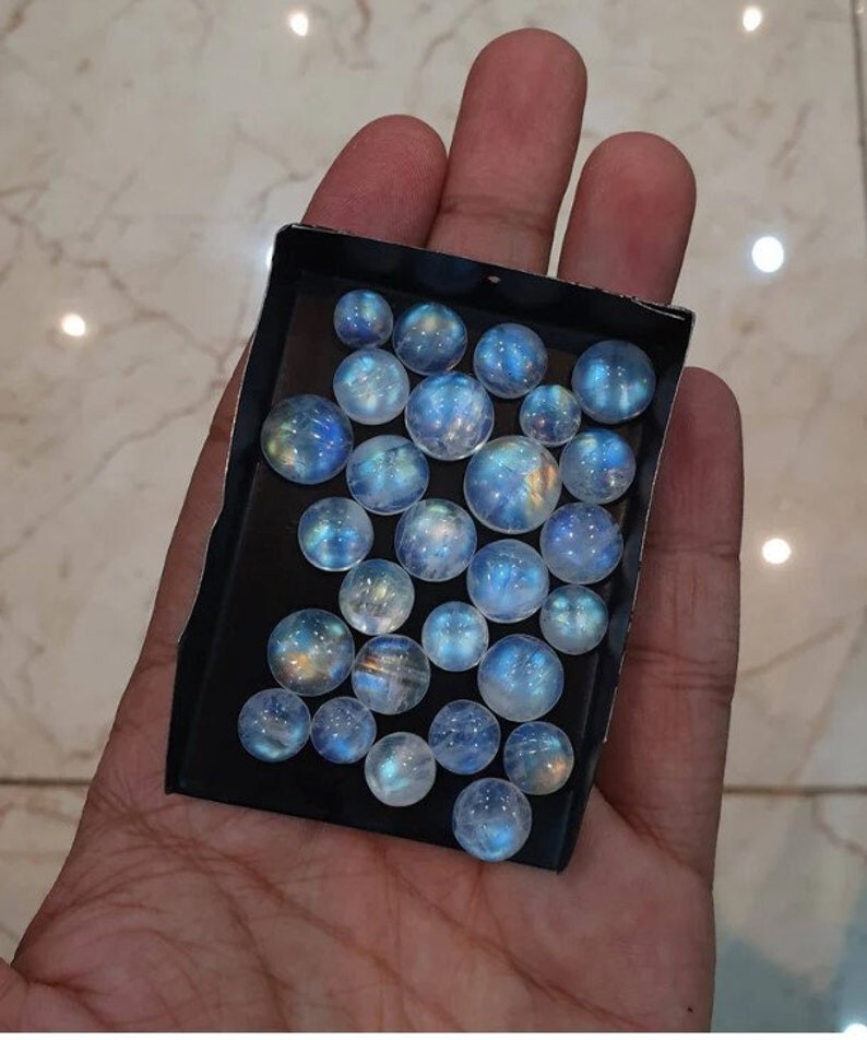 5 Pcs AAA+ Quality Rainbow Moonstone 8mm-14mm Round Cabochon Gemstone Lot |