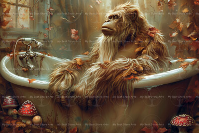 BIGFOOT in BATHTUB FINE ART PRINT, Sasquatch Poster, Fantasy Wall