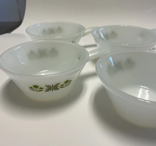 4 VTG Fire King Anchor Hocking Handled Milk Glass Soup Bowls Green Meadow