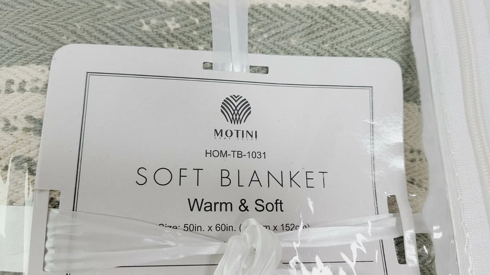 MOTINI Textured Throw Blanket Tassel Striped White and Green Hand Knit Cotton... - Image 2 of 4