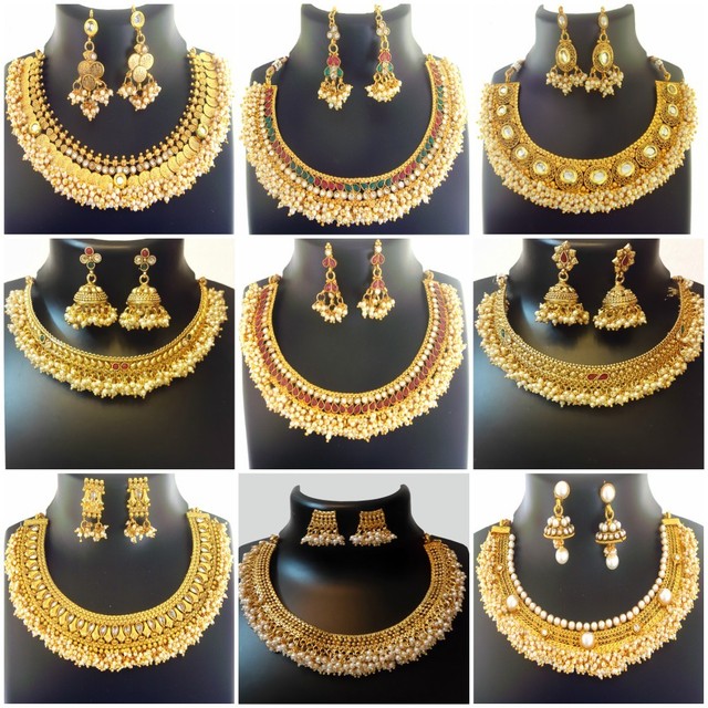 Indian Jewelry New Pearl Gold Copper Necklace Varitions Fashion Set ca