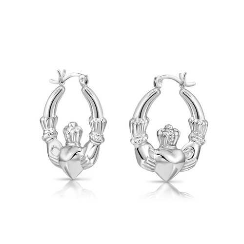 925 Solid Sterling Silver Claddagh Chunky Creole Hoop Earrings Heart Crown Hoops - Picture 3 of 14