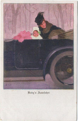 Comic Motoring Baby auf ihrem ersten Ausflug im Auto mit einer modischen Mutter!