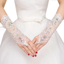 Premium Lace Floral Rhinestone & Sequin Fingerless Wedding Party Bridal Gloves