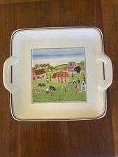 VILLEROY & BOCH Design Naif 2 Handle Square Plate 8" Cake Farmers Country Scene