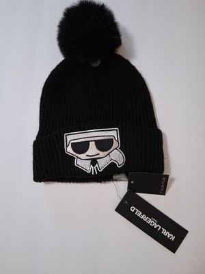 Karl Lagerfeld Black Beanie Winter Hat With Pom And Iconic Patch