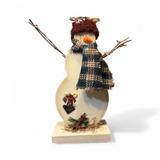 Primitive Wood Snowman Figurine Plaid Scarf Twig Arms Rustic Christmas Decor