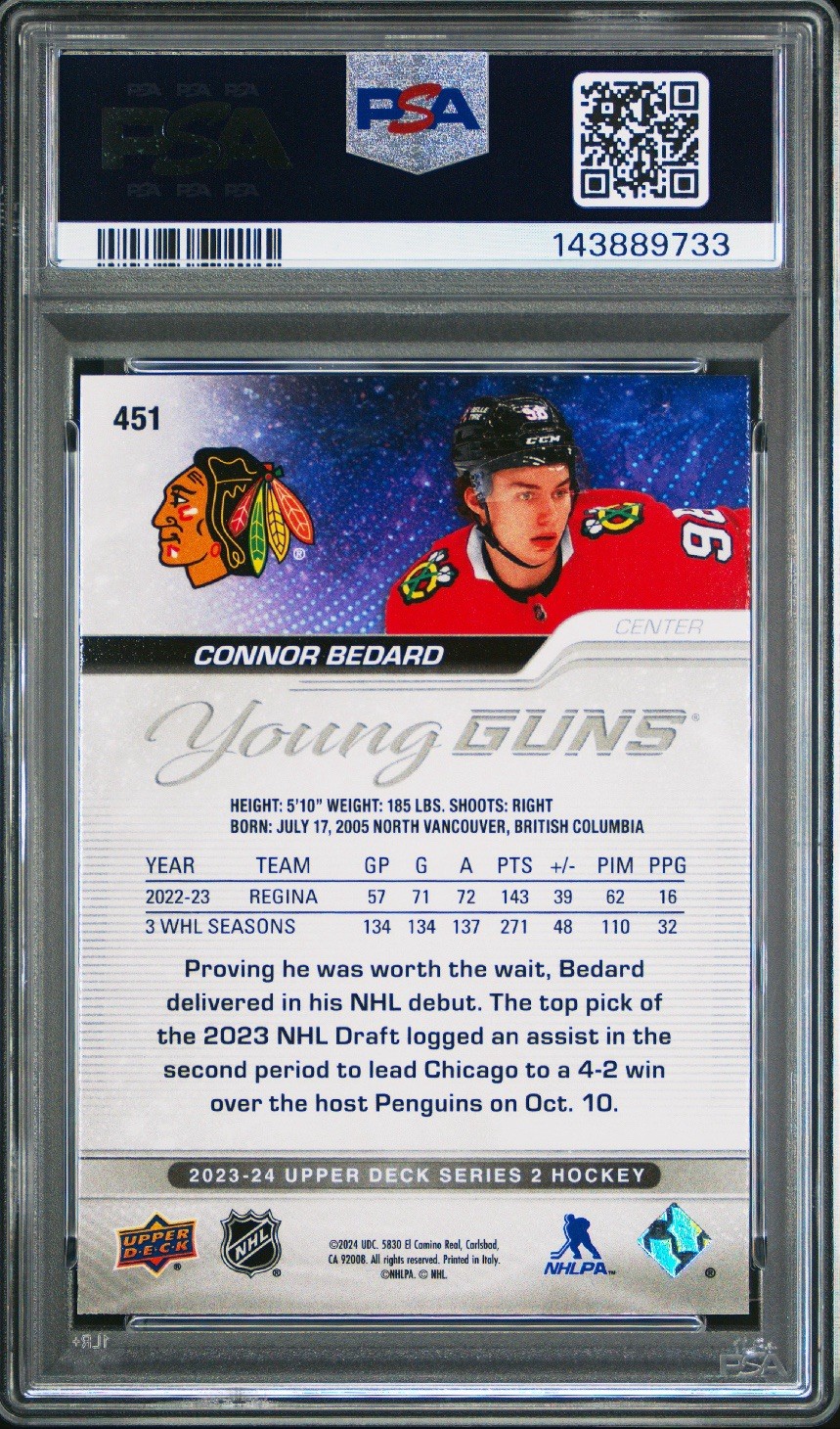 2023-24 Upper Deck Series 2  Young Guns Connor Bedard PSA 9 view 2