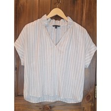 Banana Republic Sheer Blouse S Beige White Stripe Light V Neck Ruffle Collar