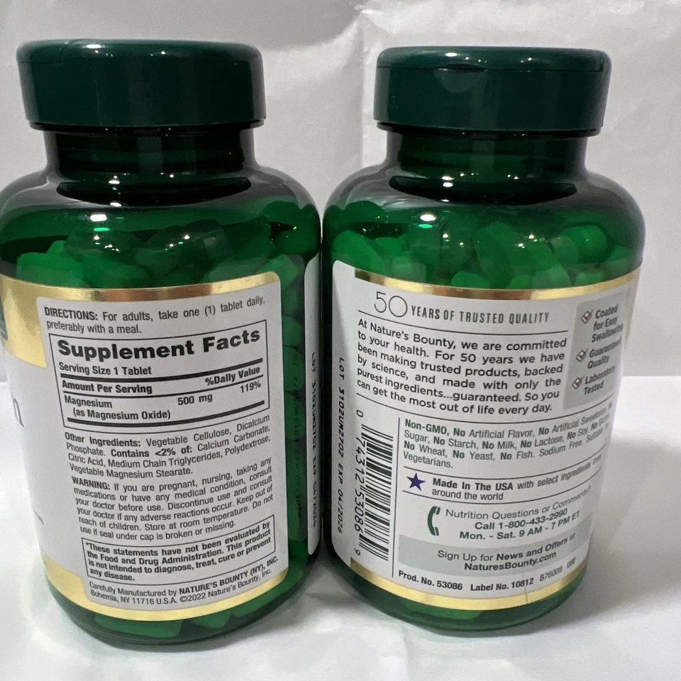 Магний Nature's Bounty 500 мг минеральная добавка упаковка 2 шт. - 200 таблеток - Изображение 2 из 4