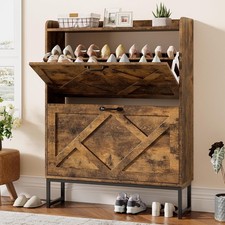 Shoe Storage Cabinet with 2 Flip Drawers, Wood Shoe Organizer with Metal Legs