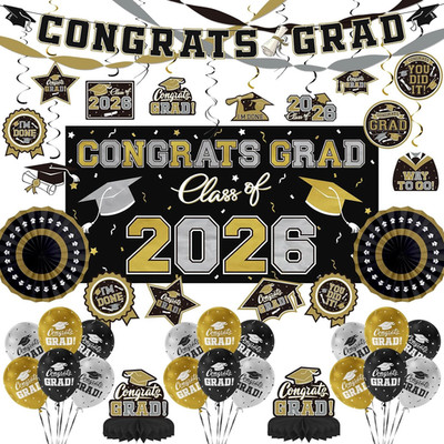 Black and Gold Themed 2026 Graduation Decorations Set - Congrats Grad Banner, Cl