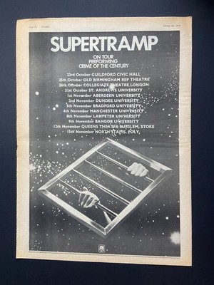 Supertramp ''Crime Of The Century'' Tour  Full Page Poster Size Sounds Advert 1974