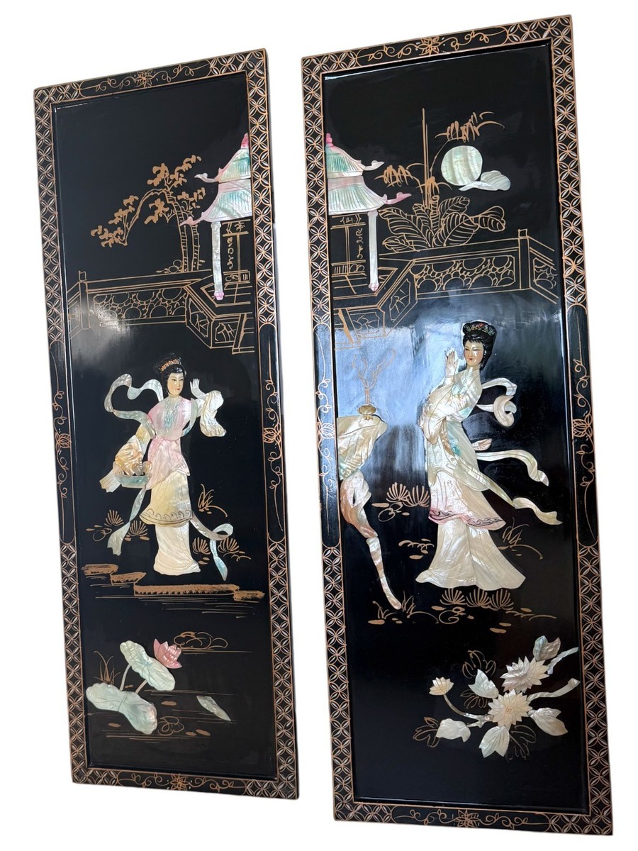 Vintage Chinese Black Lacquer Wall Panels 12x36 Mother of Pearl