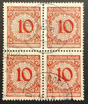Germany Stamps 1923 Gold Currency 10pf Carmine Red block of 4 SG354 MI340 Used - Image 1 of 2