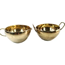 Vintage Set Of 2 Brass Open Creamer And Sugar Handles Round Base Exterior Patina
