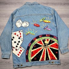 Vintage Jill Rogers Casino Sequin Denim Jacket Vegas Roulette 80s S