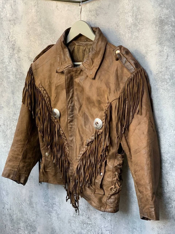 Veste de motard à franges en cuir marron vintage Open Road for Wilson taille S - Photo 2/4