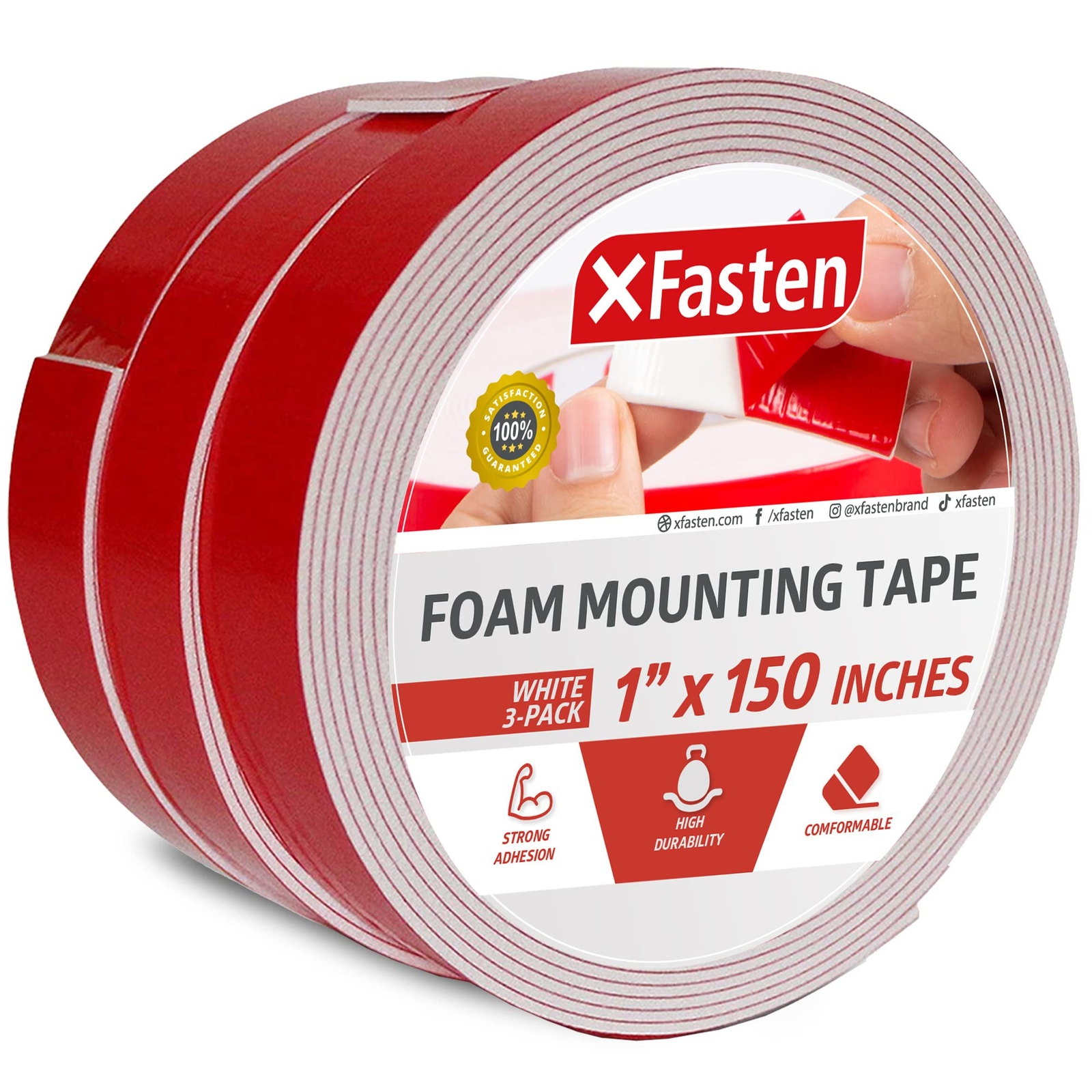 XFasten Double Sided Tape Foam Mounting Tape, 1-Inch x 150-Inch (Pack of 3)
