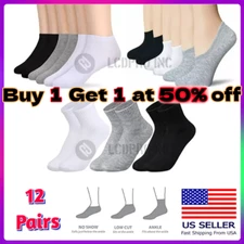 Lot 12 Pairs Ankle Athletic Socks Low Cut No Show Quarter Mens Womens Cotton USA
