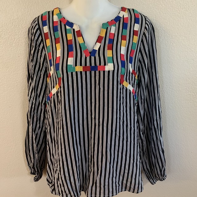 ANDREE By Unit Womens Size S Embroidered Black White Stripe BLOUSE