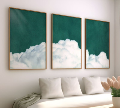 Wolkenkunst, smaragdgrünes Wandbild 3er Set Leinwand/Drucke/gerahmt, Himmel Schlafzimmer