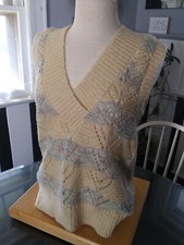 Vintage 90s Women's Medium Sweater Vest V-neck Pastel Wool Stretch Grandpa Geek