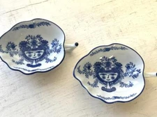 Vintage Pair of Artistic Seito Blue &  White Leaf Nappy Bowls Lady & Birds
