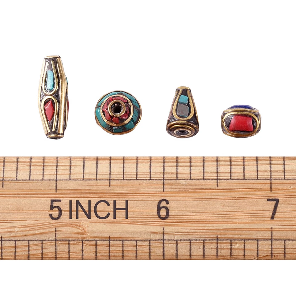 50pcs Assorted Handmade Tibetan Metal Beads Coral Turquoise Antique Gold 8~13mm - Image 3 of 4