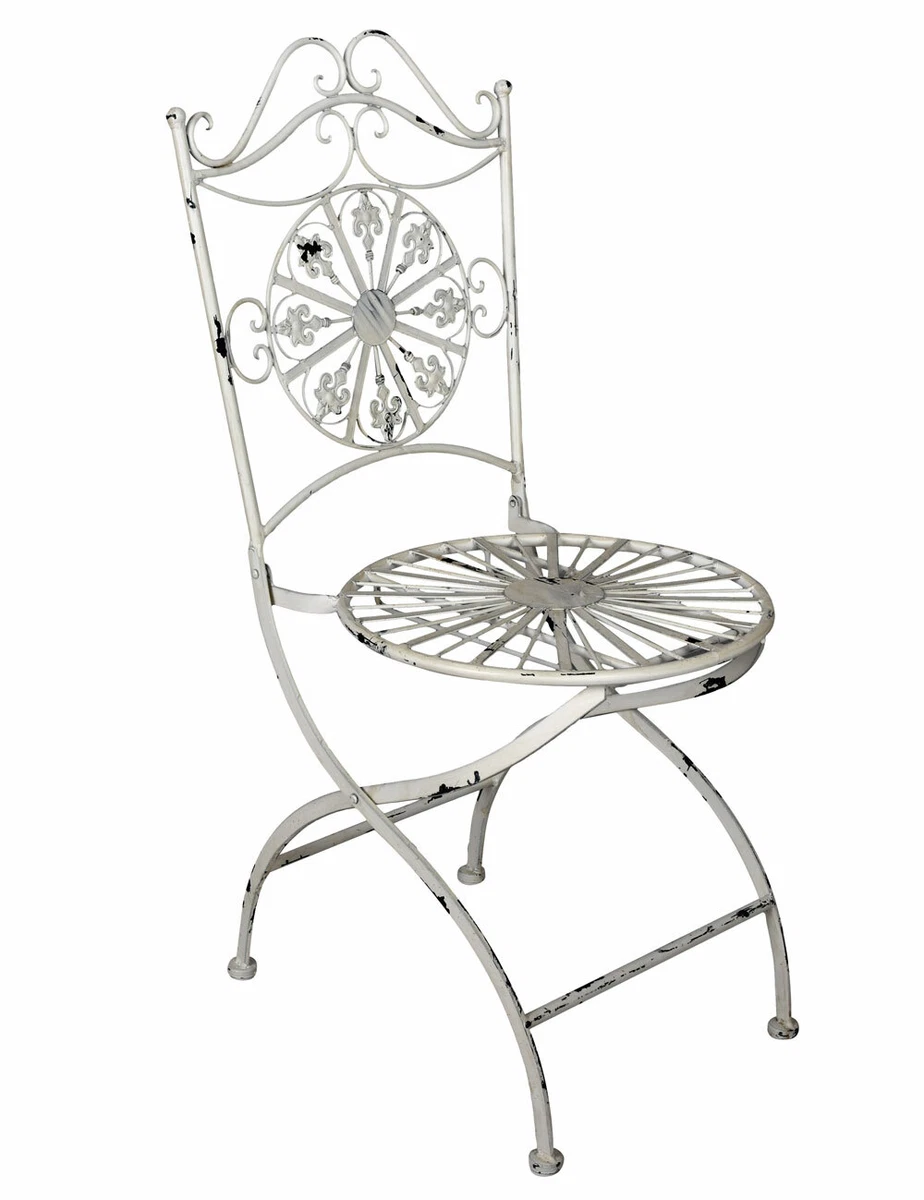 Antique Chair White Steel Garden Folding Cottage Kitchen Metal