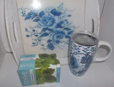 Holiday Gift Blue Rose Ceramic Travel Mug Decorative Serving Tray CHIC Tea Gift