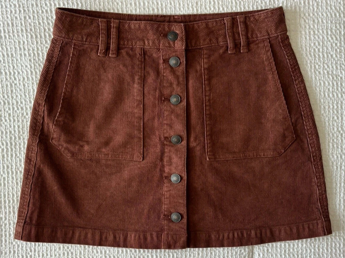 American Eagle Womens 4 Corduroy Mini Skirt Brown Button Super Stretch NWOT