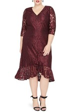 NWT RACHEL Rachel Roy Plus Women's Burgundy Parker Lace A-Line Ruffle Hem Dress