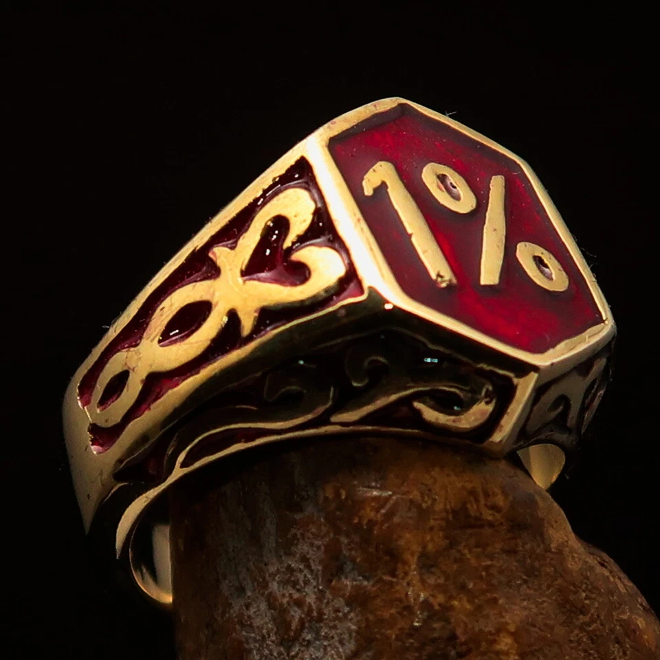 MENS BRASS OUTLAW BIKER RING 1% ONE PERCENTER CELTIC ORNAMENTS RED SIZE 11 - Image 3 of 4