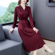 Women Faux Silk Midi Dresses Belt Long Sleeve V-neck Embroidery Office Lady Red